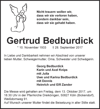 Anzeige von Gertrud Bedburdick von  Kölner Wochenspiegel 