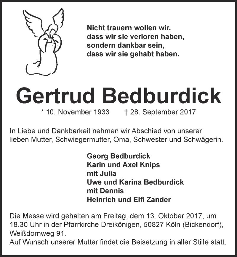  Traueranzeige für Gertrud Bedburdick vom 11.10.2017 aus  Kölner Wochenspiegel 
