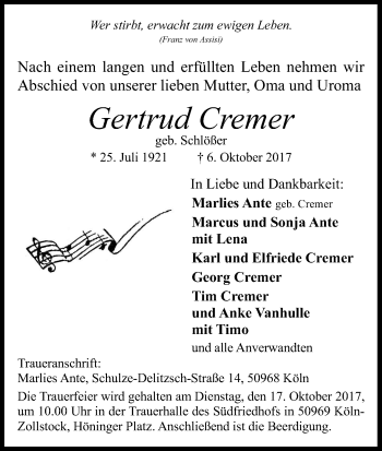Anzeige von Gertrud Cremer von Kölner Stadt-Anzeiger / Kölnische Rundschau / Express