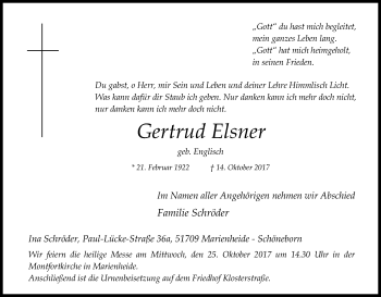 Anzeige von Gertrud Elsner von Kölner Stadt-Anzeiger / Kölnische Rundschau / Express