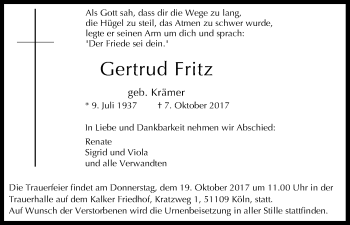 Anzeige von Gertrud Fritz von Kölner Stadt-Anzeiger / Kölnische Rundschau / Express