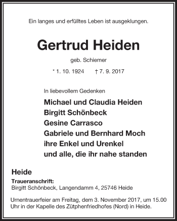 Anzeige von Gertrud Heiden von  Sonntags-Post 