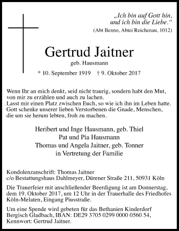 Anzeige von Gertrud Jaitner von Kölner Stadt-Anzeiger / Kölnische Rundschau / Express