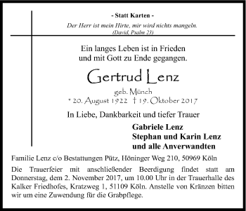 Anzeige von Gertrud Lenz von Kölner Stadt-Anzeiger / Kölnische Rundschau / Express
