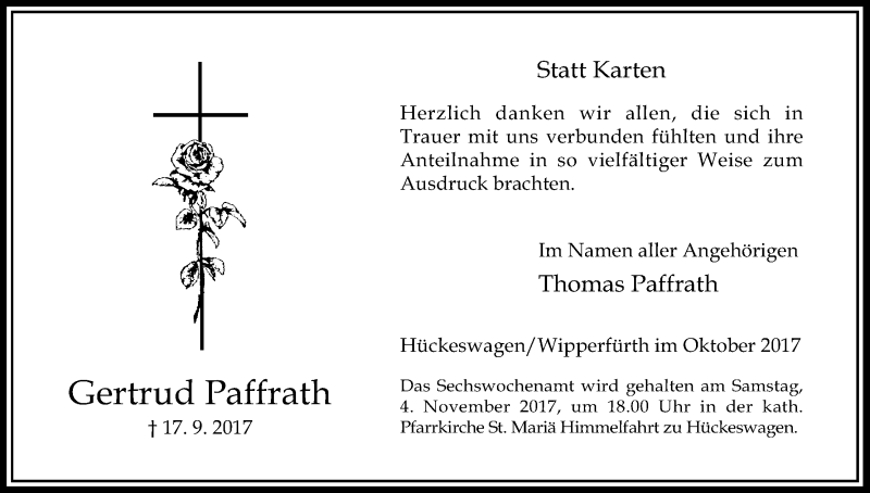  Traueranzeige für Gertrud Paffrath vom 28.10.2017 aus Kölner Stadt-Anzeiger / Kölnische Rundschau / Express