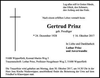 Anzeige von Gertrud Prinz von Kölner Stadt-Anzeiger / Kölnische Rundschau / Express