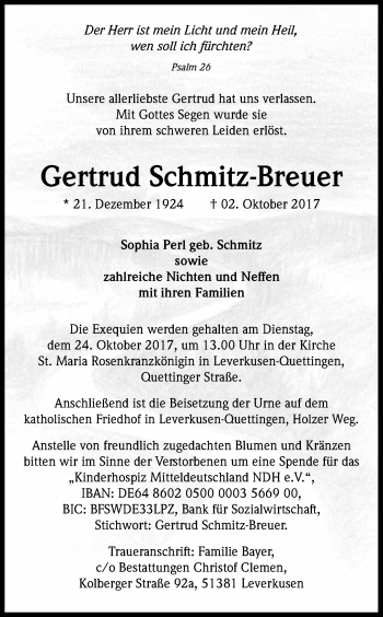 Anzeige von Gertrud Schmitz-Breuer von Kölner Stadt-Anzeiger / Kölnische Rundschau / Express