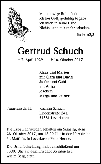 Anzeige von Gertrud Schuch von Kölner Stadt-Anzeiger / Kölnische Rundschau / Express