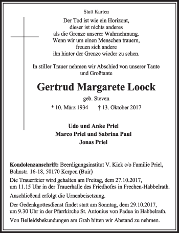 Anzeige von Gertrud Margarete Loock von  Sonntags-Post 