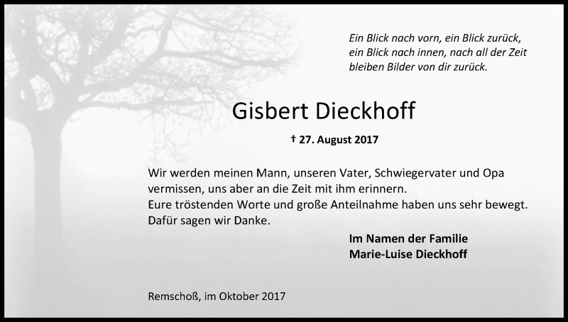  Traueranzeige für Gisbert Dieckhoff vom 14.10.2017 aus Kölner Stadt-Anzeiger / Kölnische Rundschau / Express