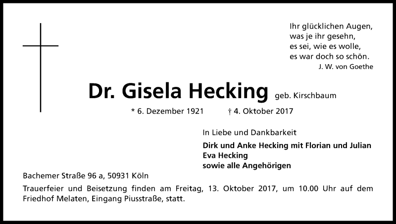  Traueranzeige für Gisela Hecking vom 07.10.2017 aus Kölner Stadt-Anzeiger / Kölnische Rundschau / Express