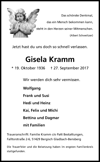 Anzeige von Gisela Kramm von Kölner Stadt-Anzeiger / Kölnische Rundschau / Express