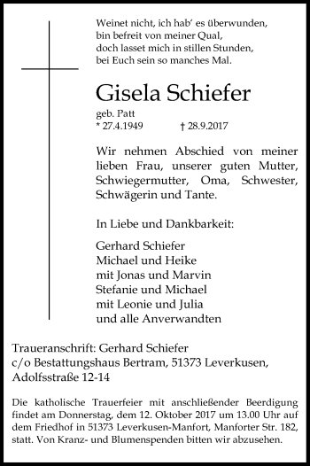 Anzeige von Gisela Schiefer von Kölner Stadt-Anzeiger / Kölnische Rundschau / Express