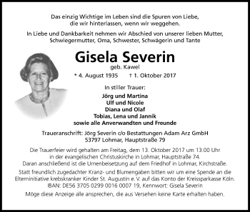 Anzeige von Gisela Severin von Kölner Stadt-Anzeiger / Kölnische Rundschau / Express