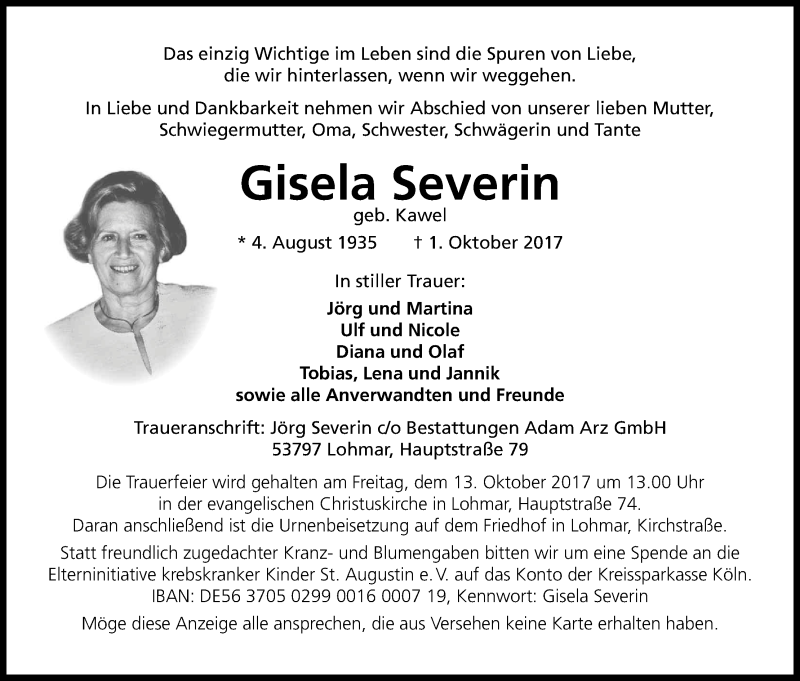  Traueranzeige für Gisela Severin vom 07.10.2017 aus Kölner Stadt-Anzeiger / Kölnische Rundschau / Express