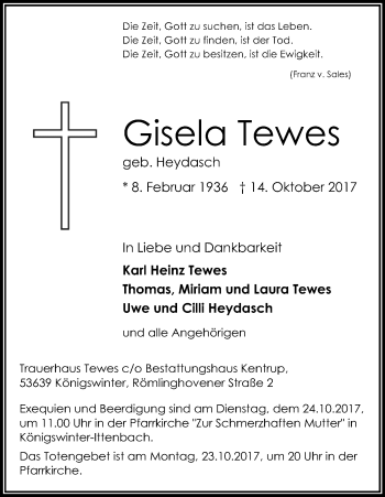 Anzeige von Gisela Tewes von Kölner Stadt-Anzeiger / Kölnische Rundschau / Express