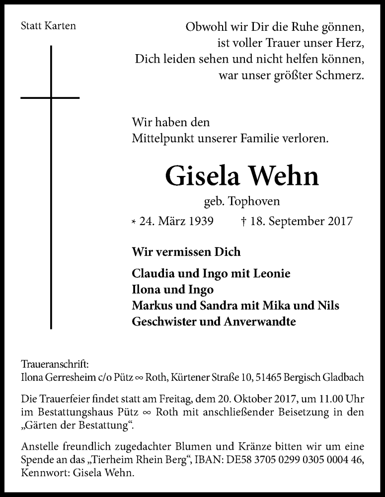  Traueranzeige für Gisela Wehn vom 07.10.2017 aus Kölner Stadt-Anzeiger / Kölnische Rundschau / Express