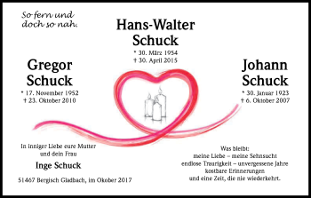 Anzeige von Gregor, Hans-Walter und Johann Schuck von Kölner Stadt-Anzeiger / Kölnische Rundschau / Express