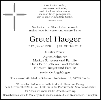 Anzeige von Gretel Haeger von Kölner Stadt-Anzeiger / Kölnische Rundschau / Express