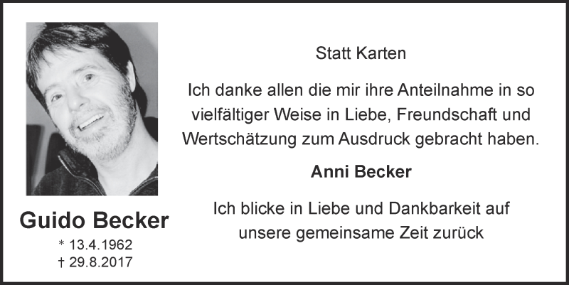  Traueranzeige für Guido Becker vom 14.10.2017 aus  Blickpunkt Euskirchen 