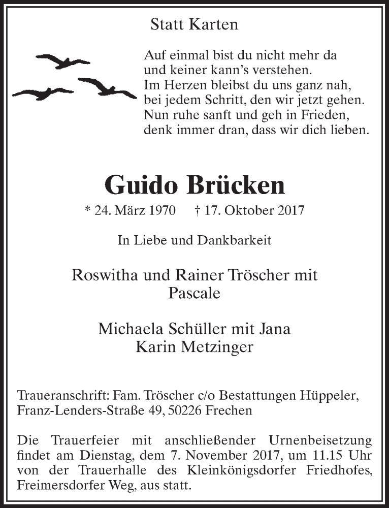  Traueranzeige für Guido Brücken vom 28.10.2017 aus  Sonntags-Post 