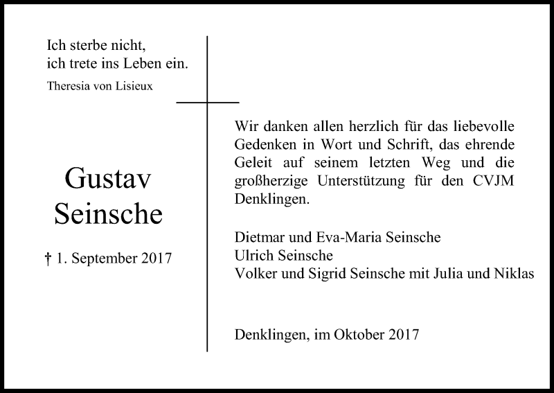  Traueranzeige für Gustav Seinsche vom 18.10.2017 aus Kölner Stadt-Anzeiger / Kölnische Rundschau / Express