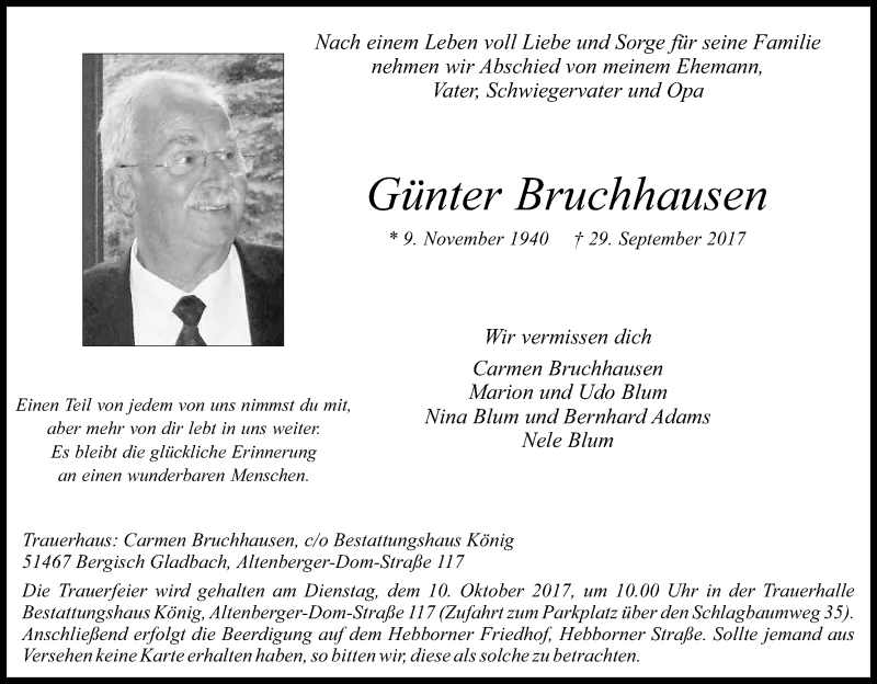  Traueranzeige für Günter Bruchhausen vom 05.10.2017 aus Kölner Stadt-Anzeiger / Kölnische Rundschau / Express