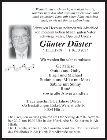 Anzeige von Günter Düster von  Wochenende 