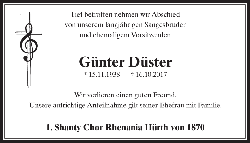  Traueranzeige für Günter Düster vom 25.10.2017 aus  Wochenende 