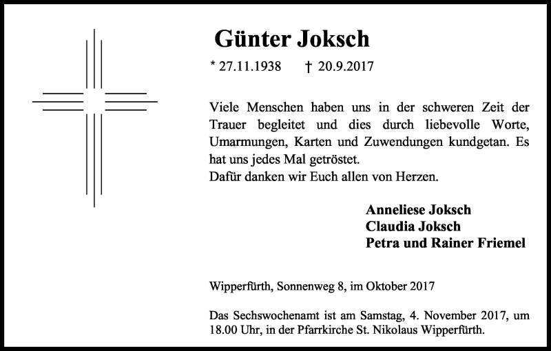  Traueranzeige für Günter Joksch vom 28.10.2017 aus Kölner Stadt-Anzeiger / Kölnische Rundschau / Express