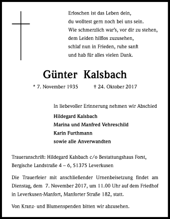 Anzeige von Günter Kalsbach von Kölner Stadt-Anzeiger / Kölnische Rundschau / Express