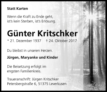 Anzeige von Günter Kritschker von Kölner Stadt-Anzeiger / Kölnische Rundschau / Express