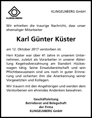 Anzeige von Günter Küster von Kölner Stadt-Anzeiger / Kölnische Rundschau / Express