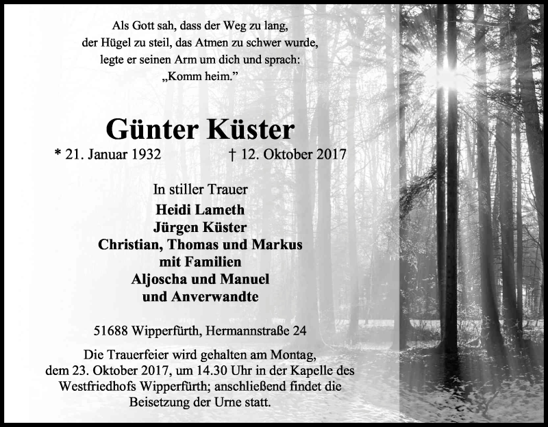  Traueranzeige für Günter Küster vom 18.10.2017 aus Kölner Stadt-Anzeiger / Kölnische Rundschau / Express