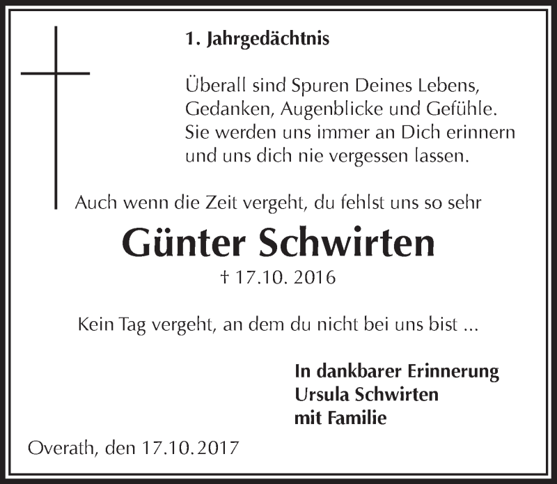  Traueranzeige für Günter Schwirten vom 18.10.2017 aus  Bergisches Handelsblatt 