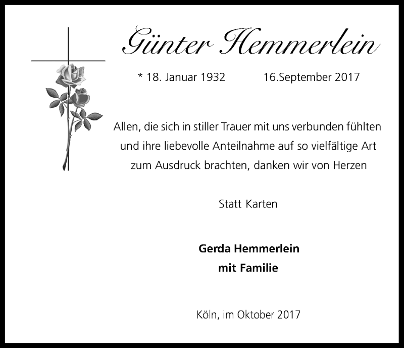 Traueranzeige für Günter hemmerlein vom 28.10.2017 aus Kölner Stadt-Anzeiger / Kölnische Rundschau / Express