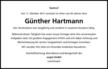 Anzeige von Günther Hartmann von Kölner Stadt-Anzeiger / Kölnische Rundschau / Express