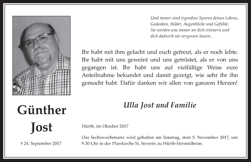  Traueranzeige für Günther Jost vom 25.10.2017 aus  Wochenende 