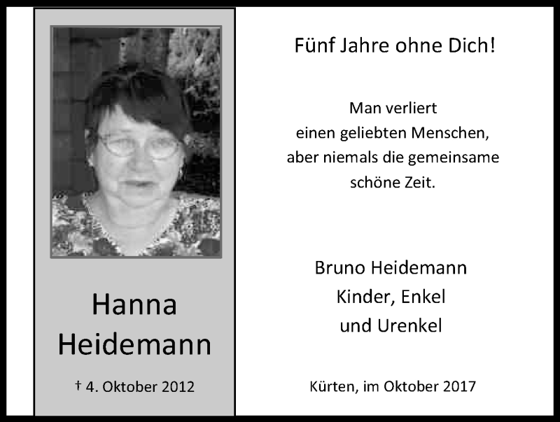 Traueranzeige für Hanna Heidemann vom 03.10.2017 aus Kölner Stadt-Anzeiger / Kölnische Rundschau / Express