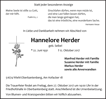 Anzeige von Hannelore Herder von  Anzeigen Echo 