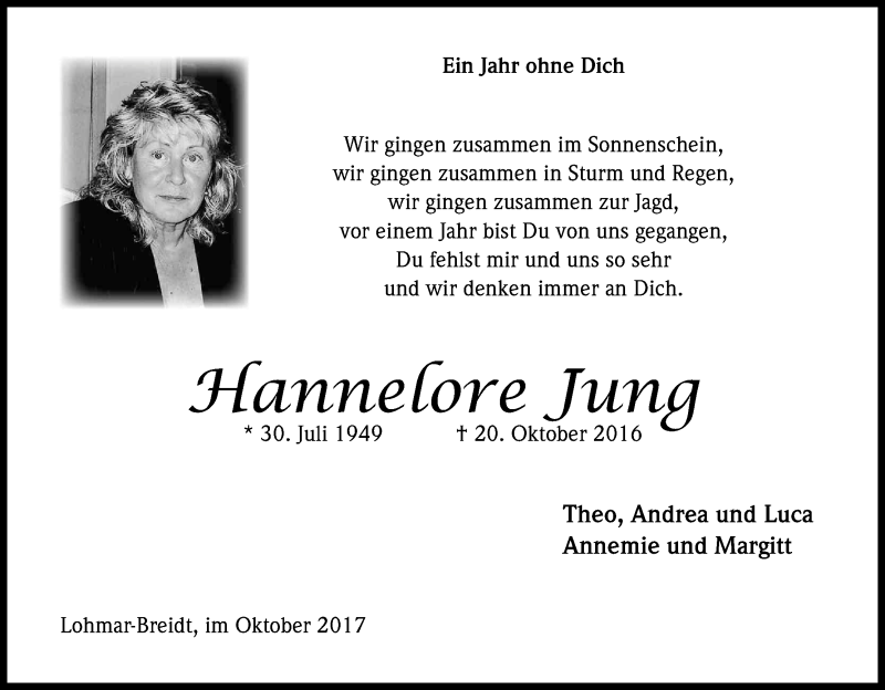  Traueranzeige für Hannelore Jung vom 20.10.2017 aus Kölner Stadt-Anzeiger / Kölnische Rundschau / Express