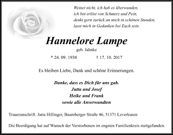 Anzeige von Hannelore Lampe von Kölner Stadt-Anzeiger / Kölnische Rundschau / Express