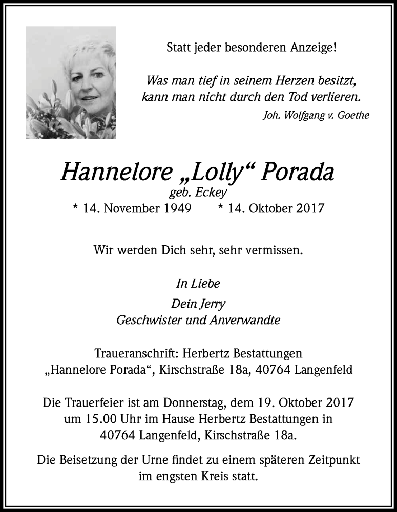  Traueranzeige für Hannelore Porada vom 17.10.2017 aus Kölner Stadt-Anzeiger / Kölnische Rundschau / Express