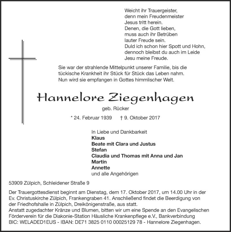  Traueranzeige für Hannelore Ziegenhagen vom 14.10.2017 aus  Blickpunkt Euskirchen 