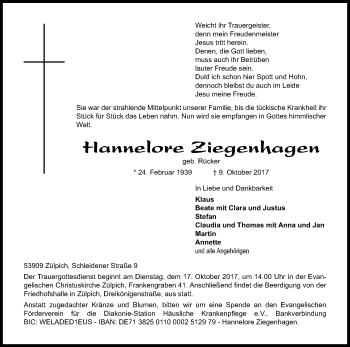 Anzeige von Hannelore Ziegenhagen von Kölner Stadt-Anzeiger / Kölnische Rundschau / Express