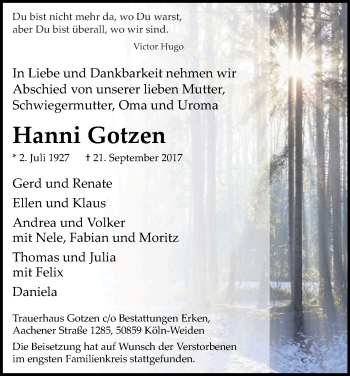 Anzeige von Hanni Gotzen von Kölner Stadt-Anzeiger / Kölnische Rundschau / Express