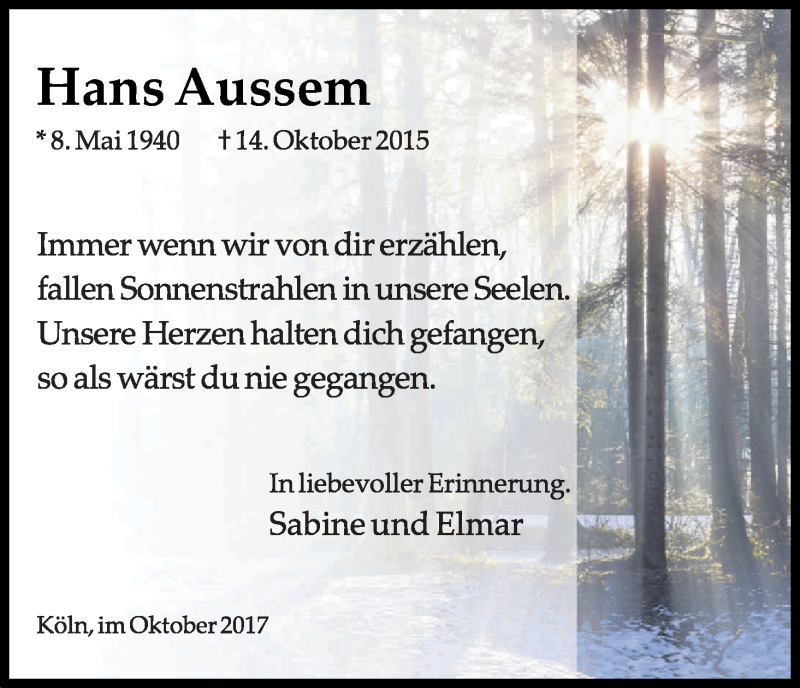  Traueranzeige für Hans Aussem vom 14.10.2017 aus Kölner Stadt-Anzeiger / Kölnische Rundschau / Express