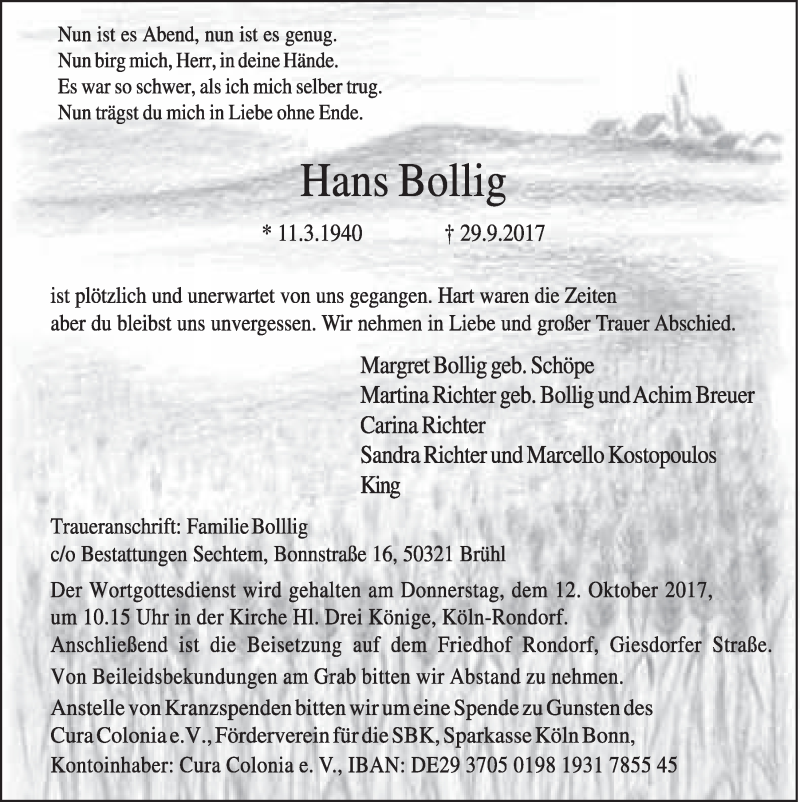  Traueranzeige für Hans Bollig vom 11.10.2017 aus  Kölner Wochenspiegel 