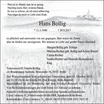 Anzeige von Hans Bollig von  Kölner Wochenspiegel 
