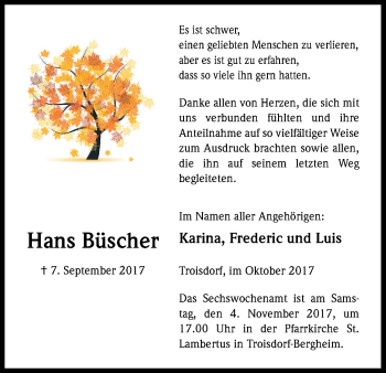 Anzeige von Hans Büscher von Kölner Stadt-Anzeiger / Kölnische Rundschau / Express